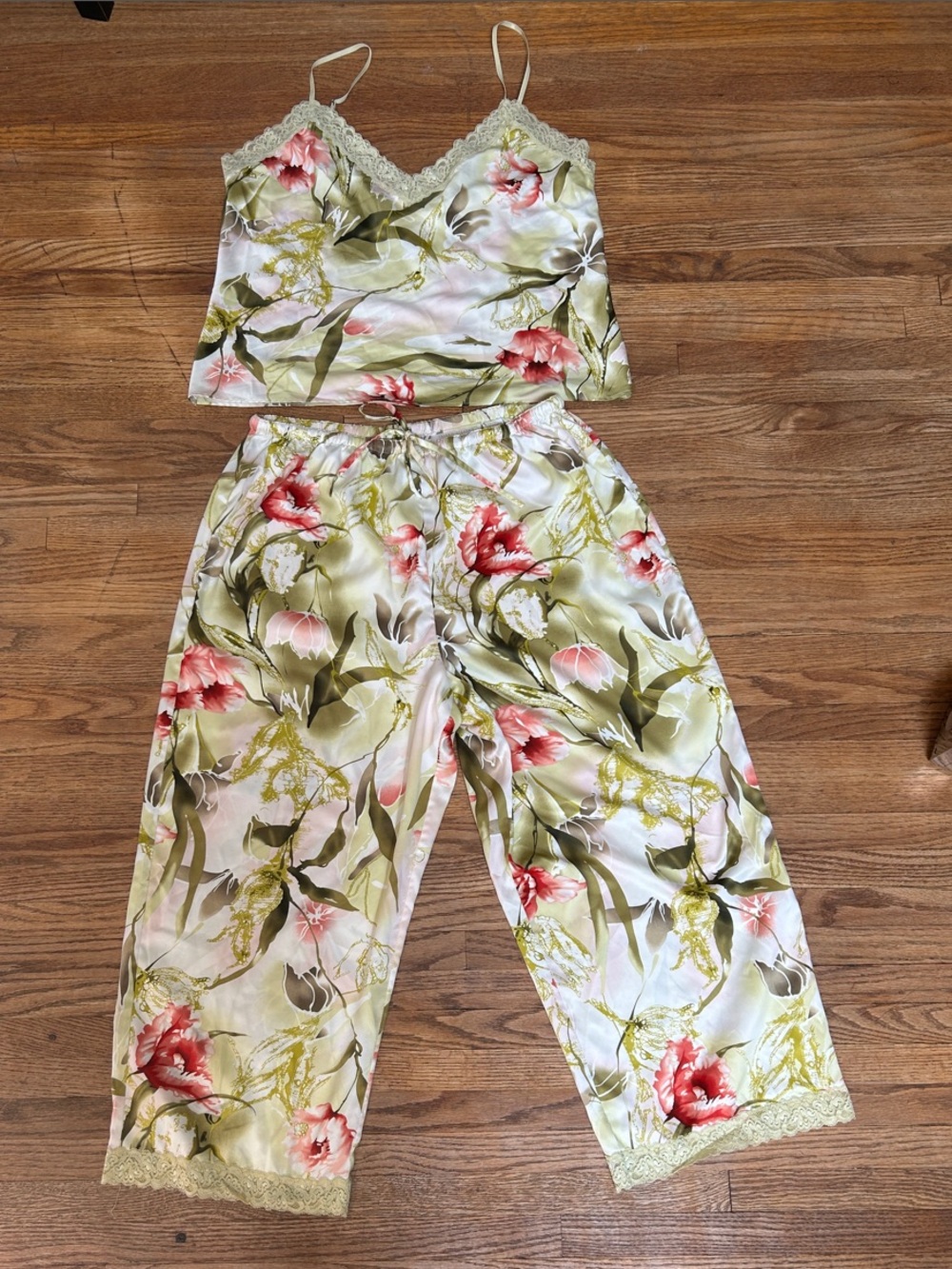 Valerie Stevens Floral Satin Camisole Set in Green, Pink, Cream
